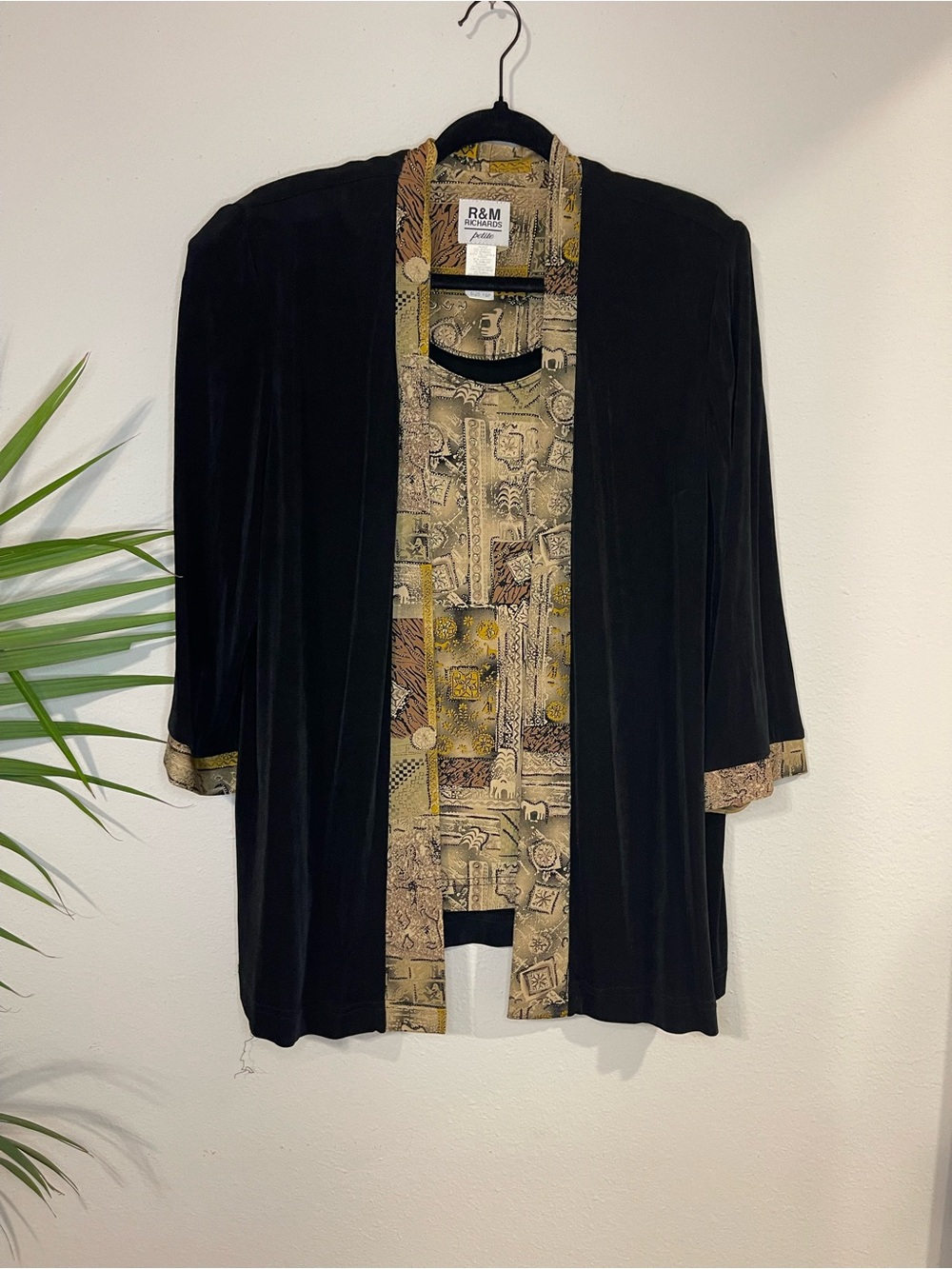 Vintage R&M Richards Black Velvet Open-Front Jacket with Gold and Cream Accents